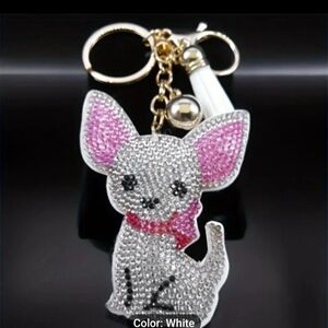 NWT White & Pink Rhinestone Dog  keychain/bag charm.